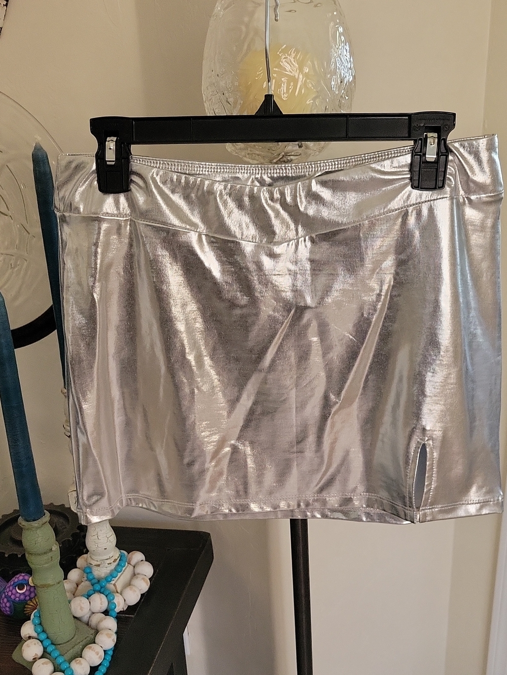 Silver Metallic Mini Skirt with Front Slit